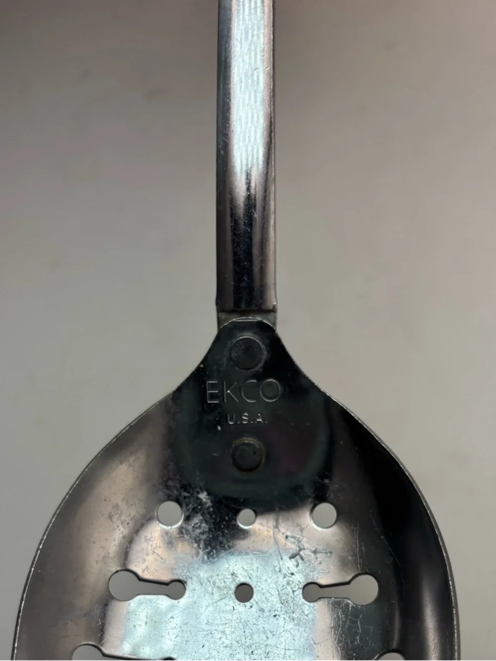 Vintage EKCO USA Slotted Serving Spoon Stainless Steel Black Handle Kitchen